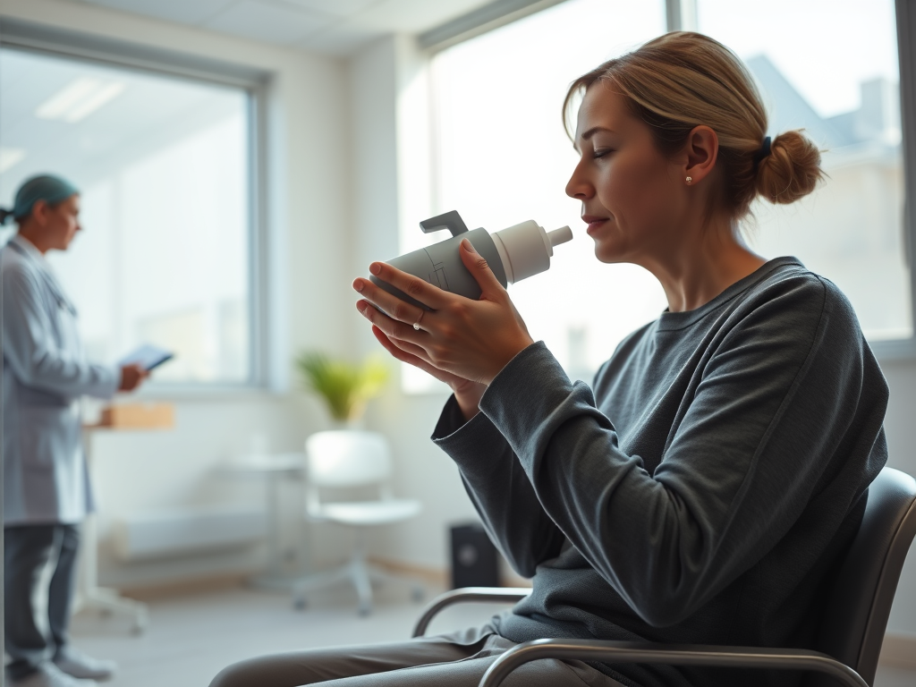 A woman patient at a functional medicine office taking a SIBO breath test